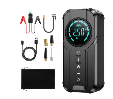 Black portable air pump with a digital display, power cord, and accessory nozzles for inflating car and bike tyres.