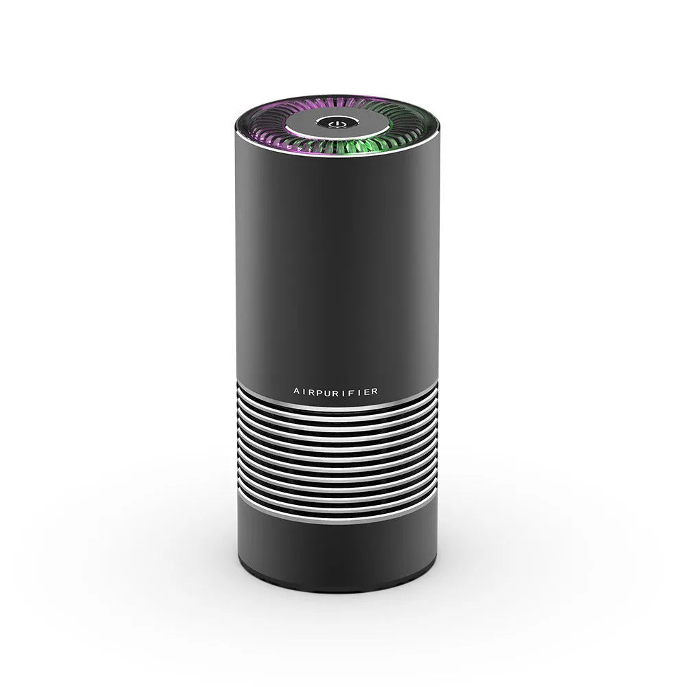 Compact black metallic car wireless air purifier with power cord for cigarette lighter socket