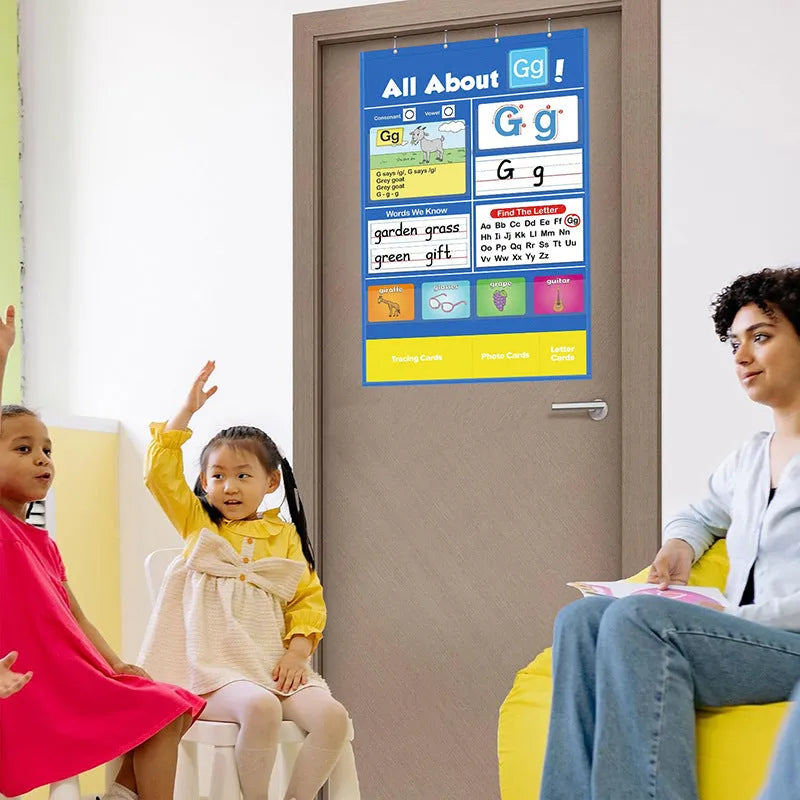 Large blue alphabet learning sleeve chart with scattered word, letter, and picture cards for children.