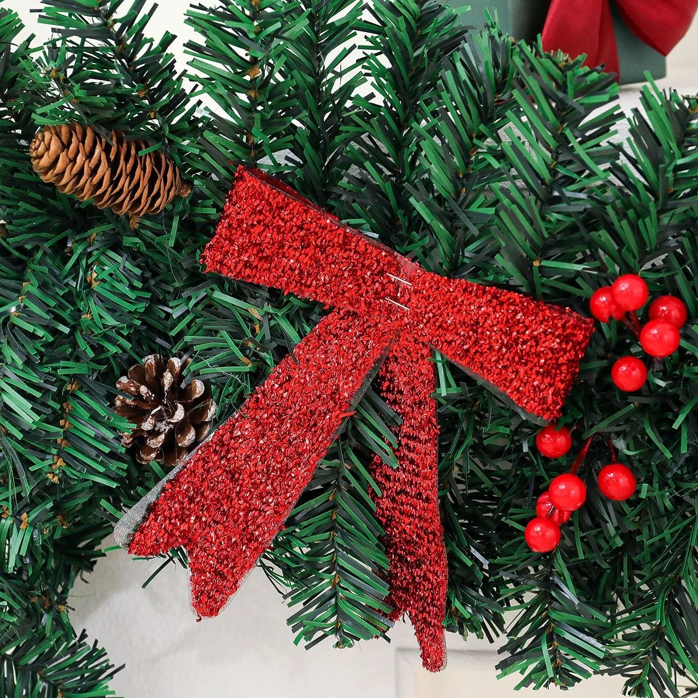 PVC Christmas rattan decorative cane with pine cone and bow motif in European style modern art design