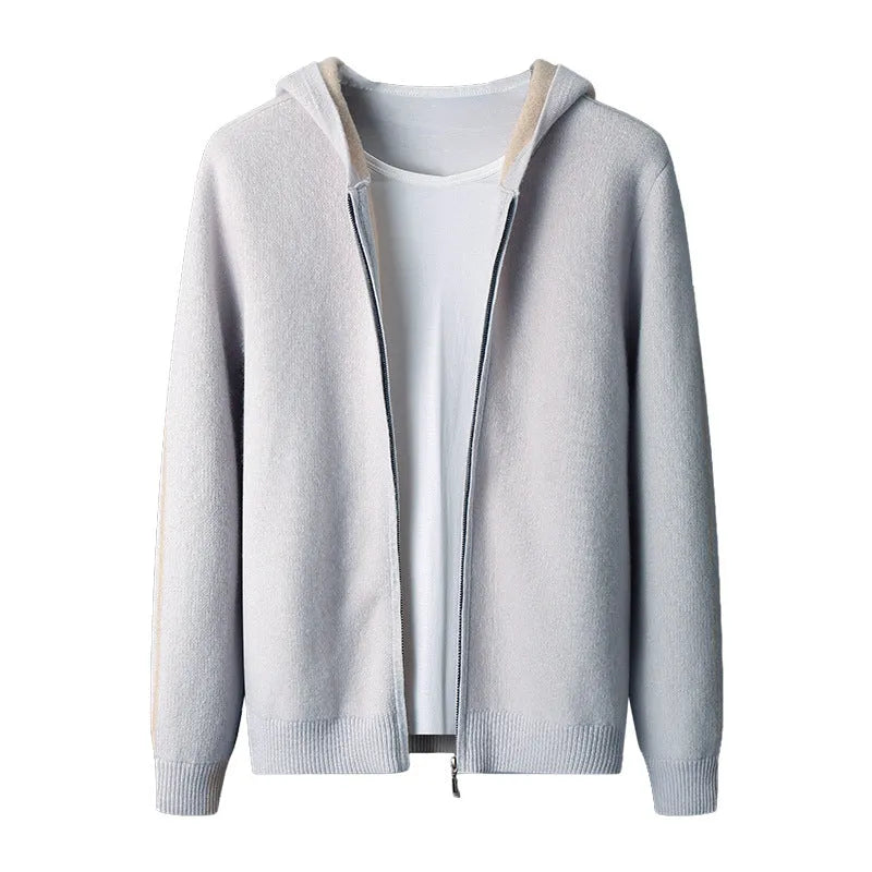 Men's dark blue cashmere zip cardigan with half-high collar and long sleeves