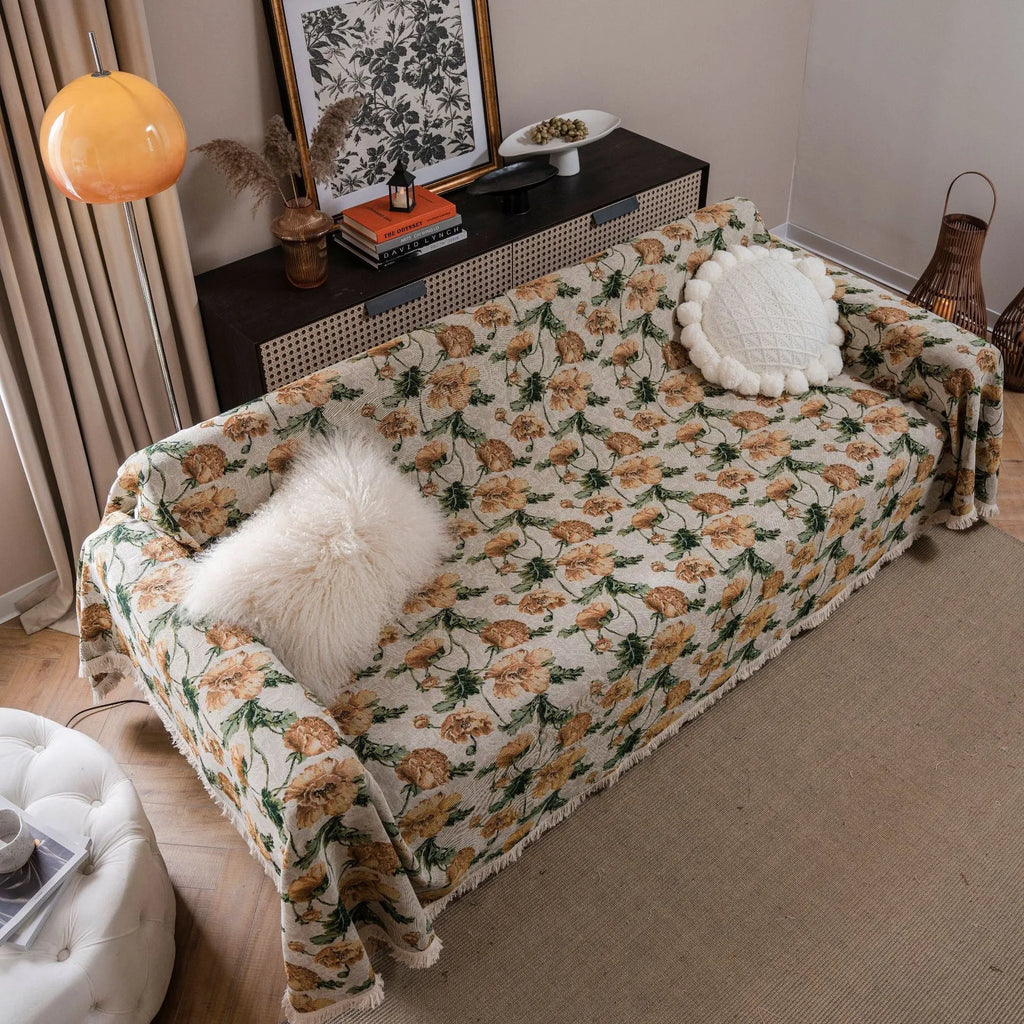 American country style jacquard floral patterned sofa cover in a retro design on a sofa.