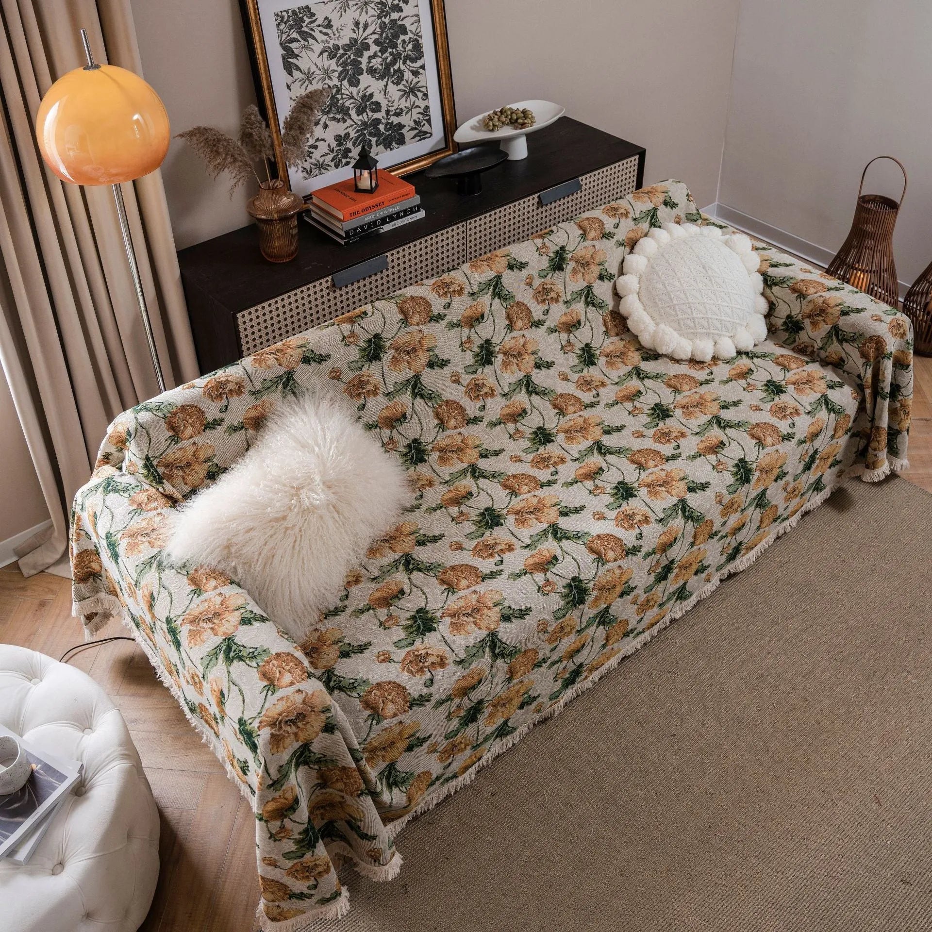 American country style jacquard floral patterned sofa cover in a retro design on a sofa.