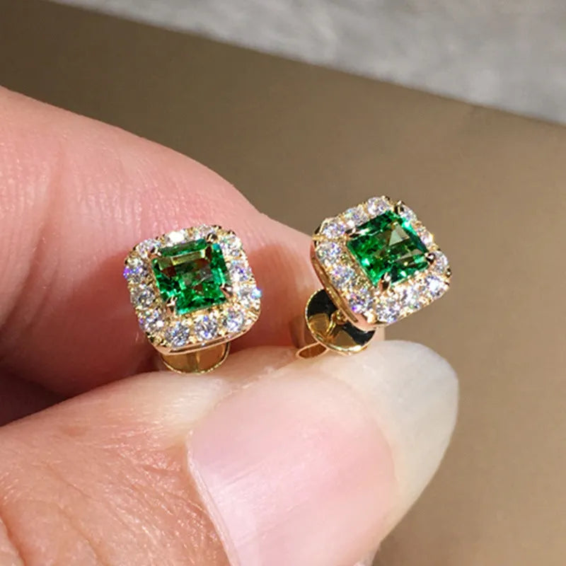 Square zircon earrings with grandmother green stones on copper base with electroplated finish