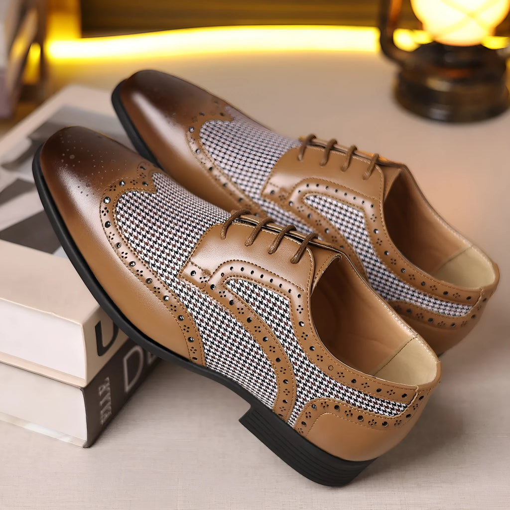 Men's black houndstooth plaid casual lace-up shoes with a square toe and rubber sole.