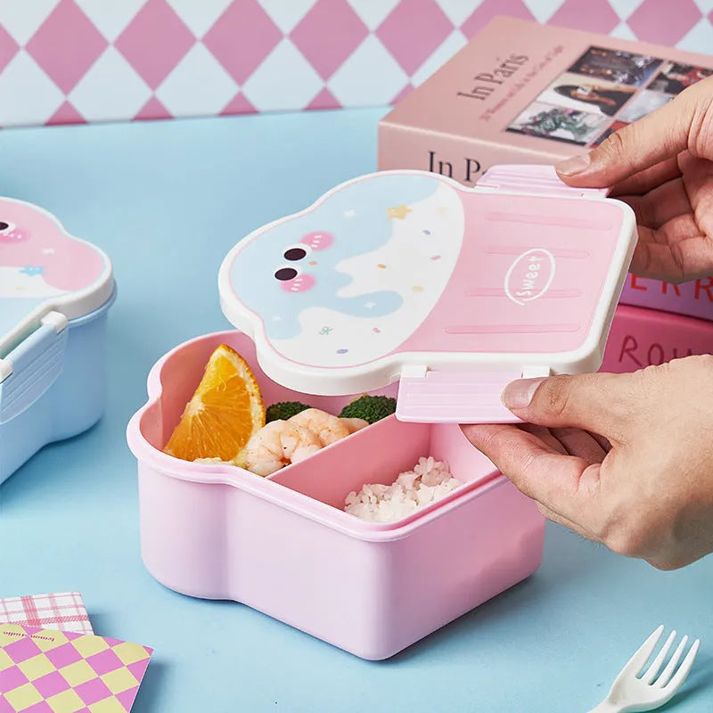Pink and blue creative ice cream shaped plastic lunch box with compartments, includes spoon and fork.
