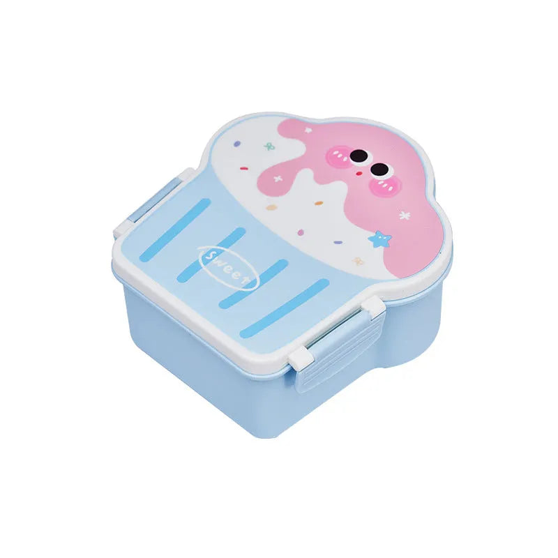 Pink and blue creative ice cream shaped plastic lunch box with compartments, includes spoon and fork.