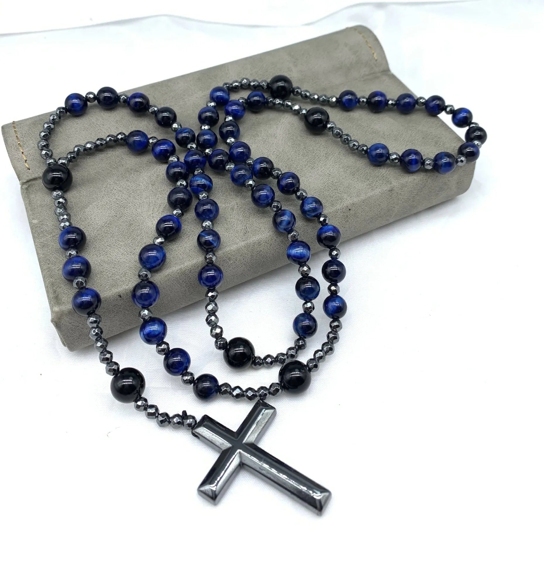 Men's stone cross pendant necklace on 80cm ball bead chain with safety lock clasp
