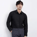 Wine red men's slim-fit long sleeve shirt with cardigan style, on a hanger.