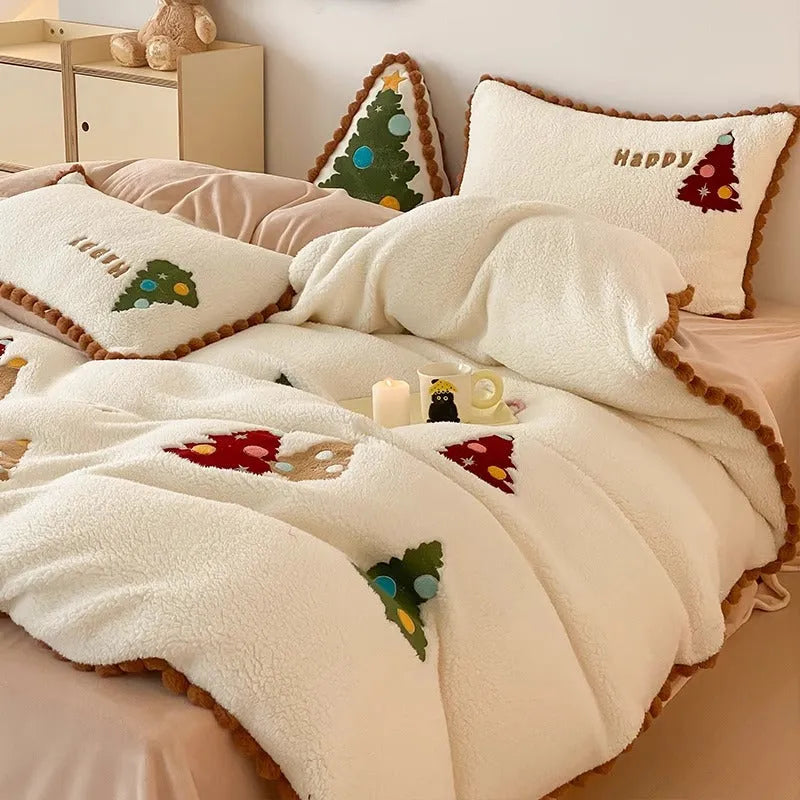 Bright yellow fleece-lined duvet cover with cartoon Christmas tree print, part of a four-piece milk fibre bedding set.