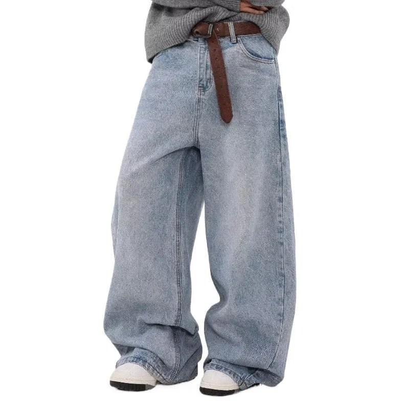 Men's blue distressed straight leg jeans with retro washing and micro elasticity