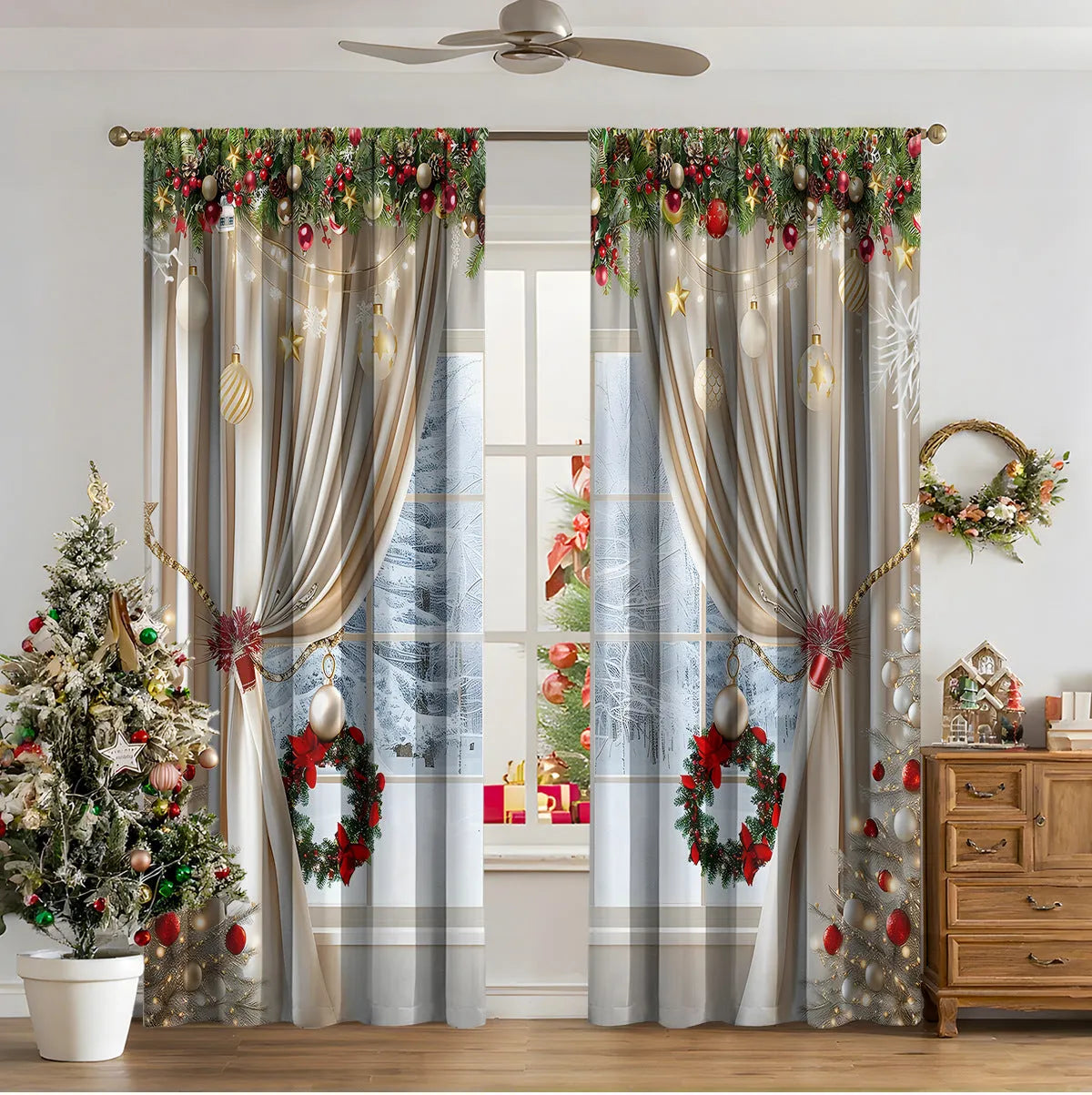 Pair of 3D digitally printed Christmas curtains in a modern design, made from polyester fabric.