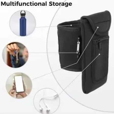 Fitness magnetic water bottle sleeve in black with a carabiner clip, shown on a sports bag.