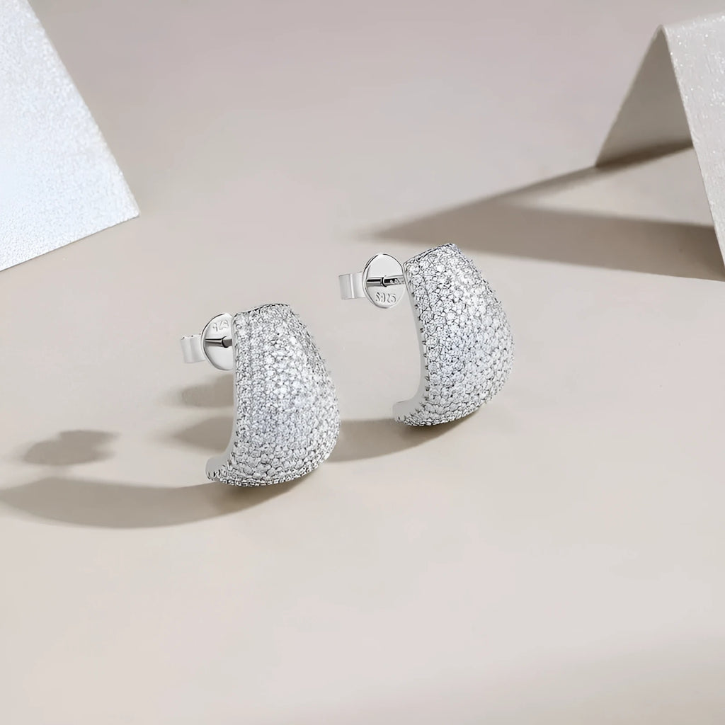 Geometric S925 sterling silver ear studs with moissanite stones in gift box