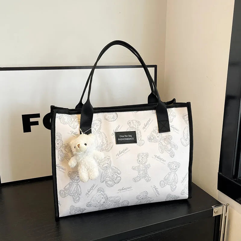 Women's large capacity canvas tote bag with rhombus pattern in black colour option