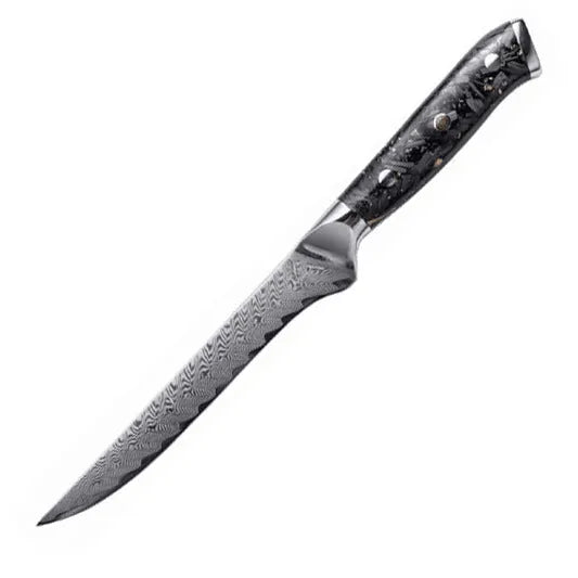 Eight-piece Damascus steel kitchen knife set showing fishbone pattern blades on a wooden surface.