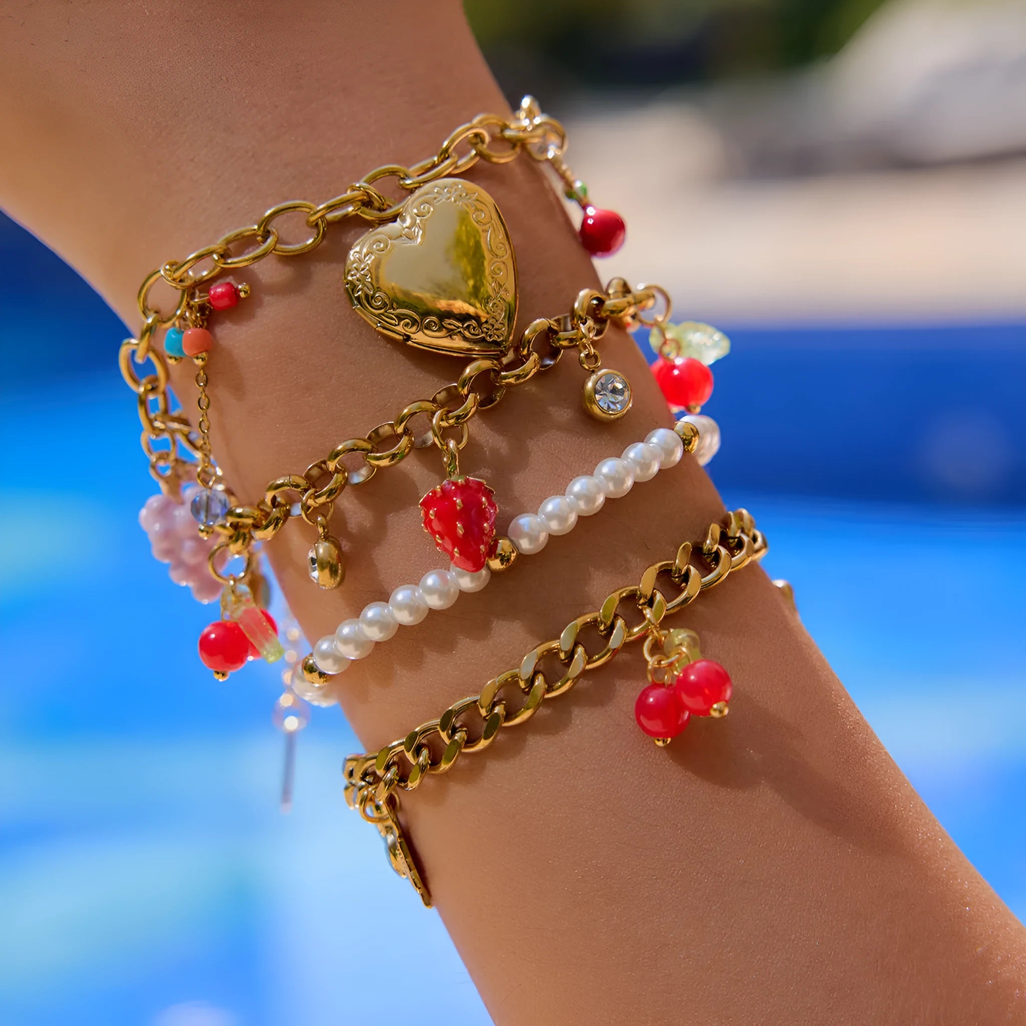 18K gold stainless steel bracelet with grape cherry and lemon fruit motifs for women