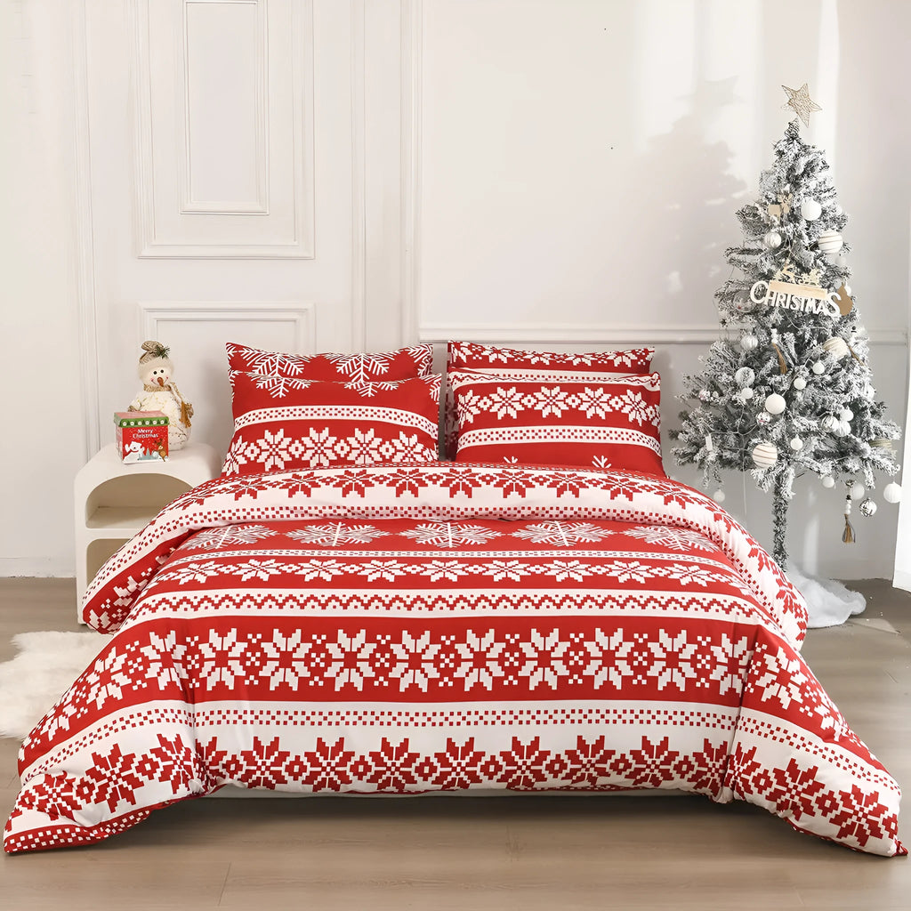 Red Winter Sleepers quilt cover with Christmas Love Song pattern, folded with matching pillowcases.