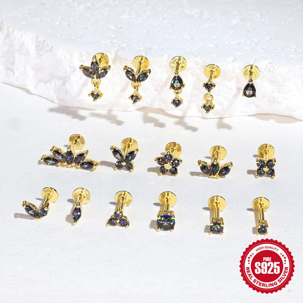 S925 sterling silver flat head thread piercing earring with rainbow stone in single gold colour.