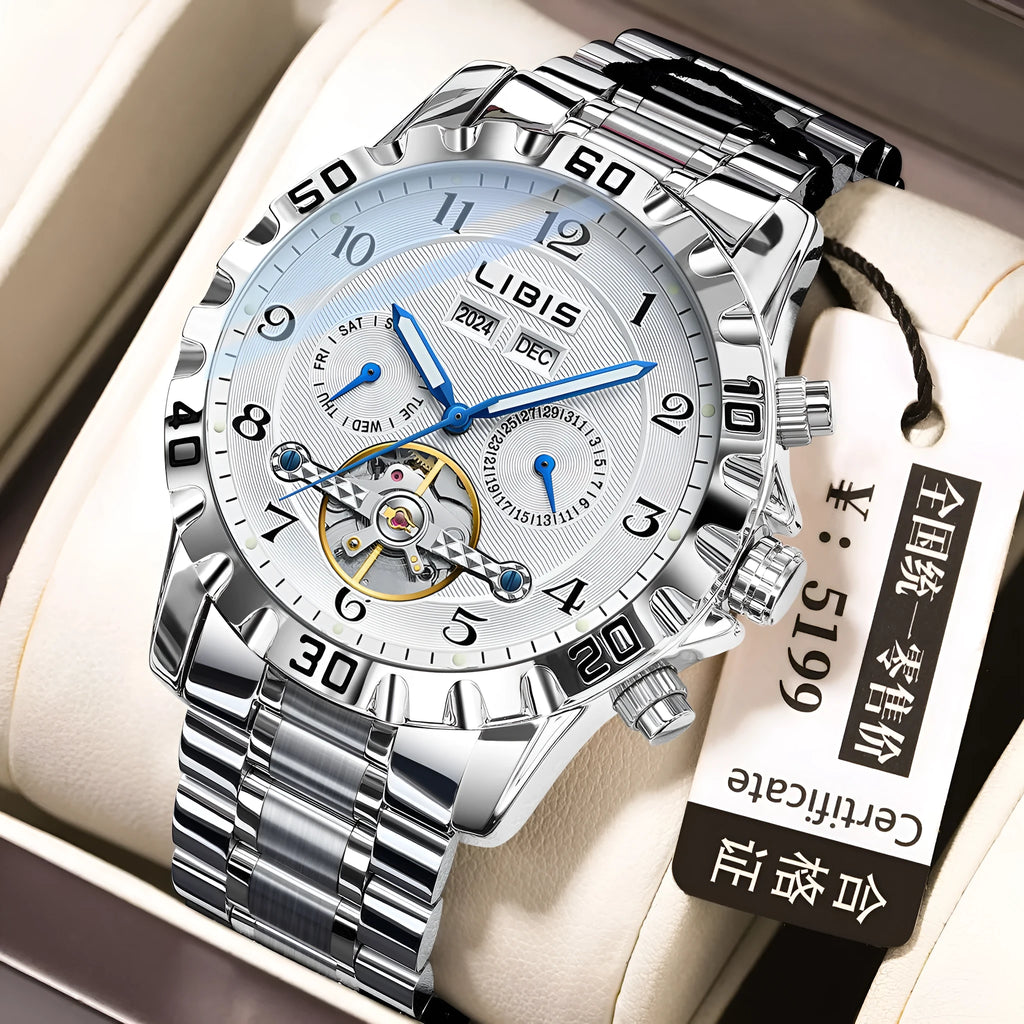 Men's silver stainless steel automatic perpetual calendar watch with sapphire crystal glass