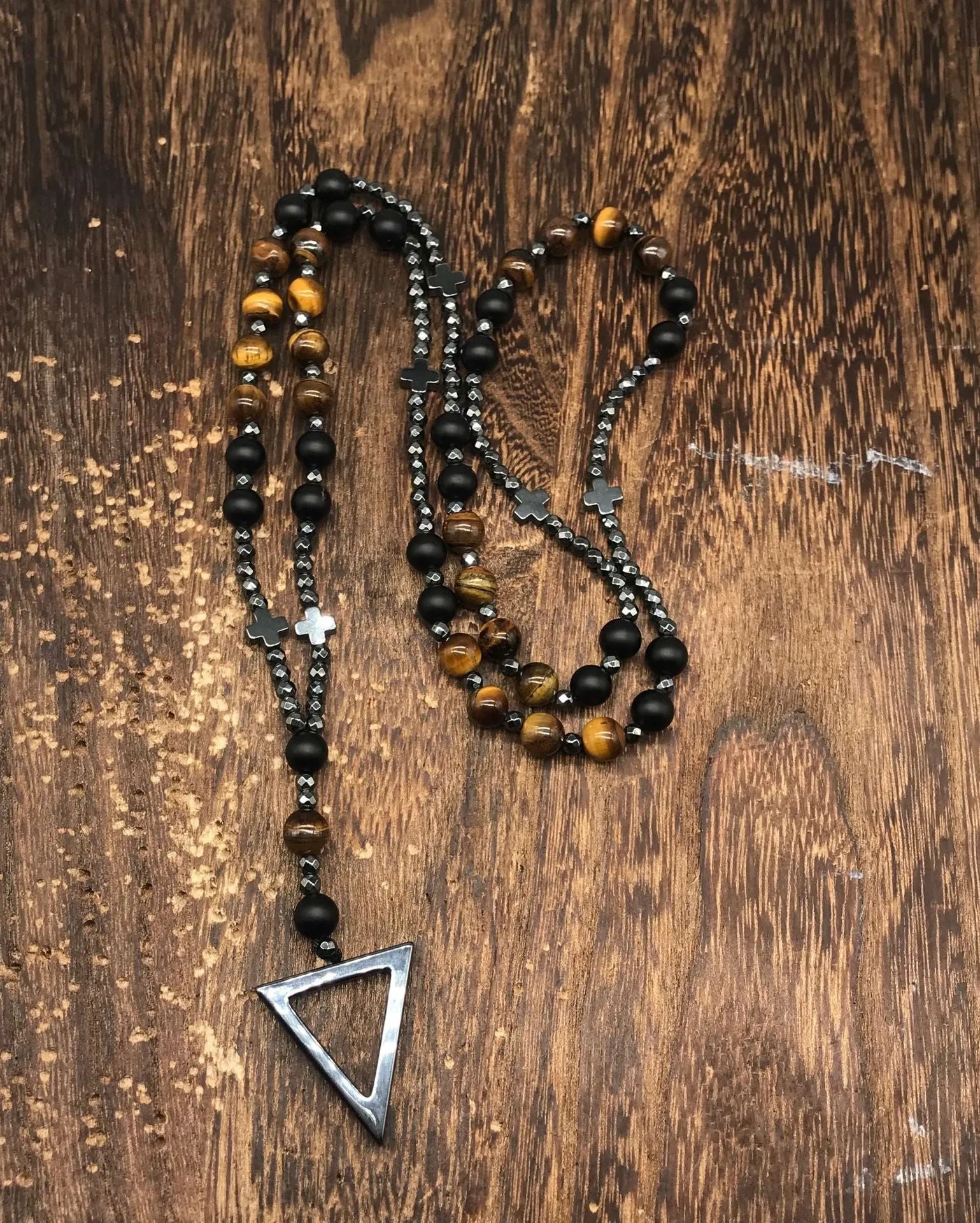 Men's stone cross pendant necklace on 80cm ball bead chain with safety lock clasp