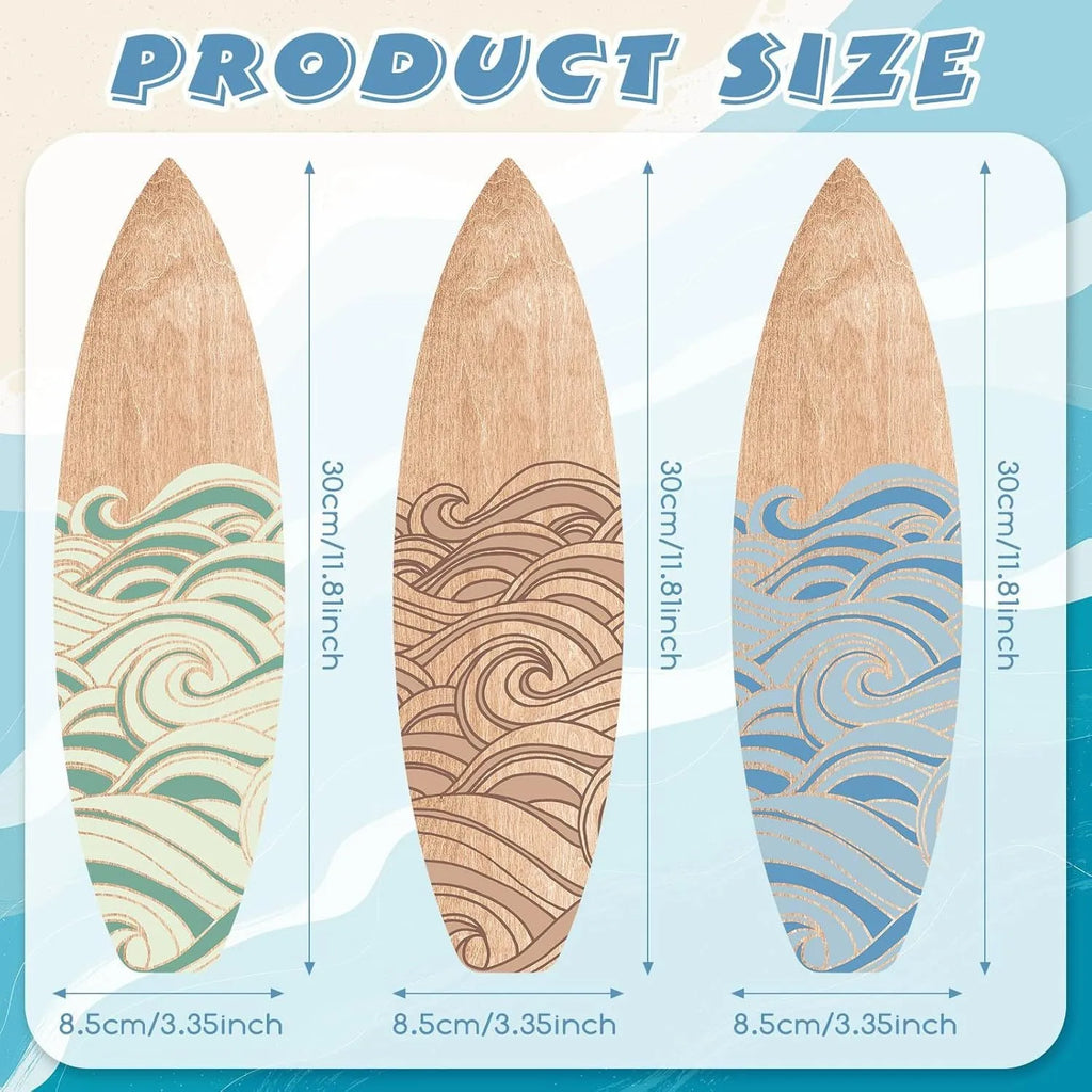 Set of three light wooden surfboard-shaped wall decorations arranged together.