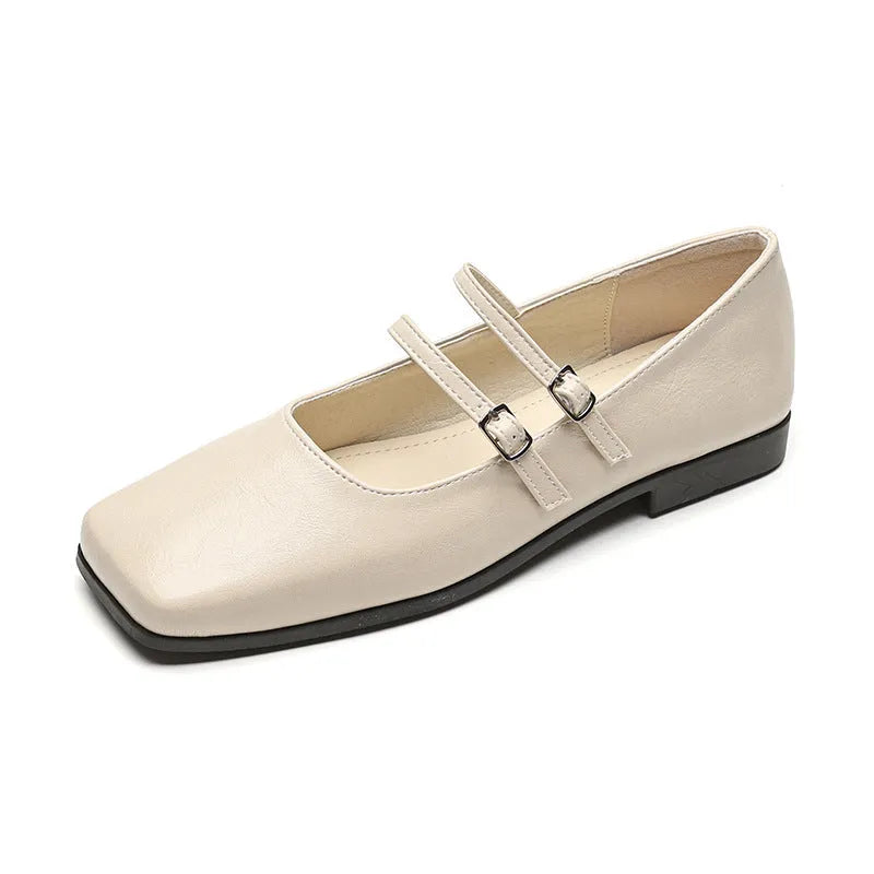 Women's silver leather Mary Jane ballet pumps with cross buckle strap and flat low heel.