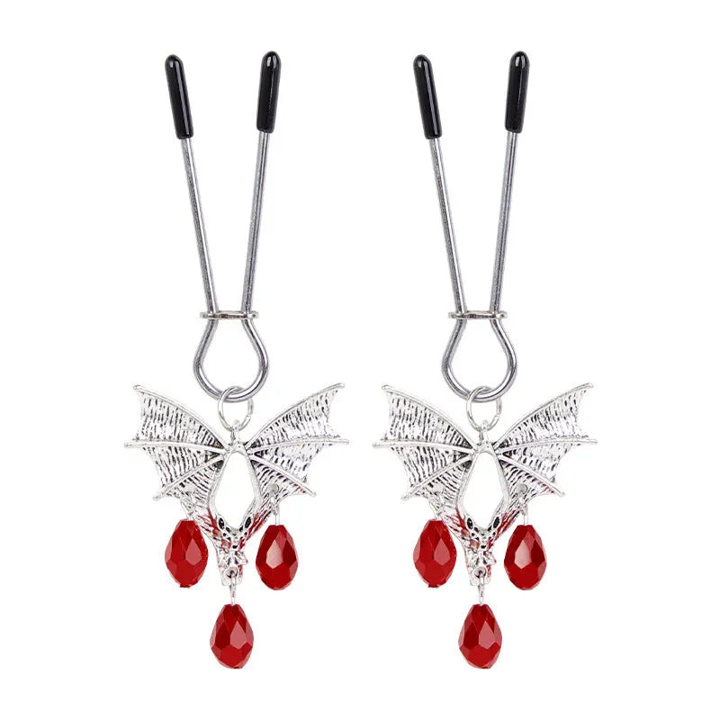 Silver alloy bat nipple clamp with ruby decoration and adjustable mechanism