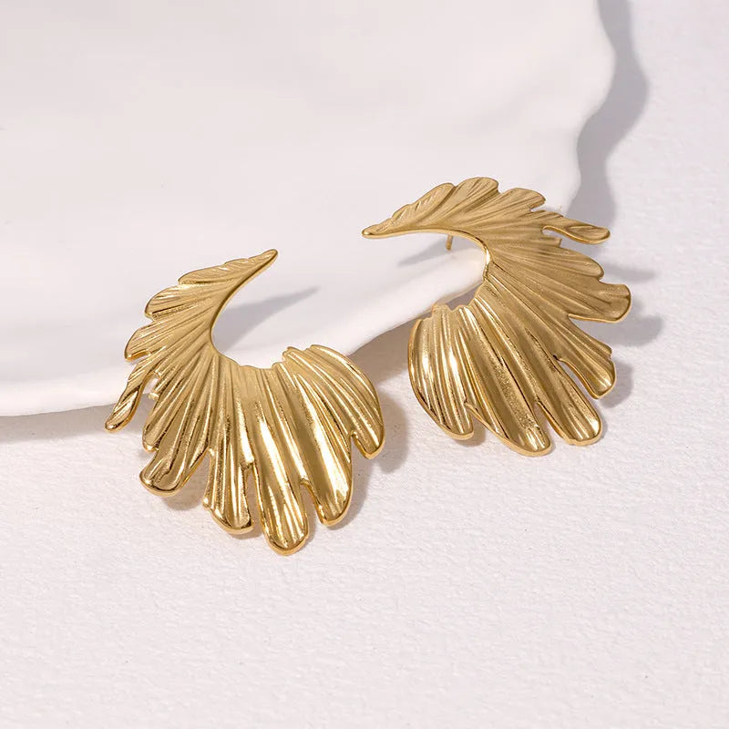 Stainless steel leaf design stud earrings in gold or steel electroplated finish