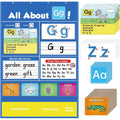 Large blue alphabet learning sleeve chart with scattered word, letter, and picture cards for children.