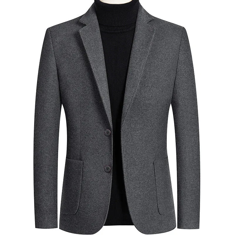 Men's slim-fit grey wool suit jacket with a notch lapel, shown on a hanger.