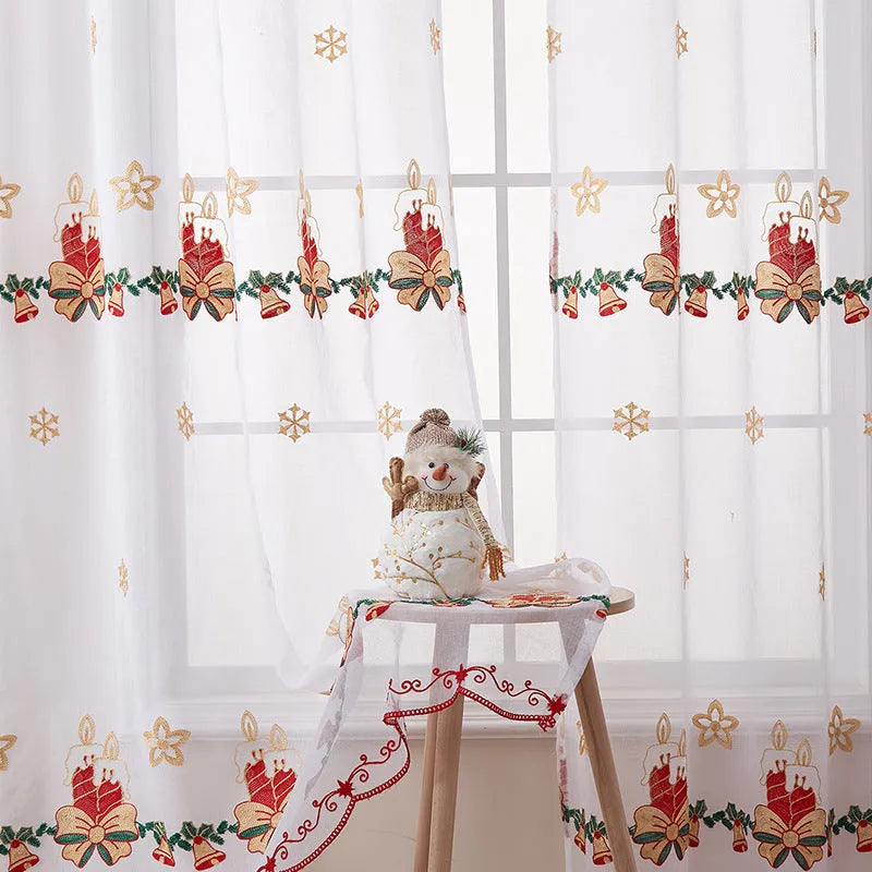 American Christmas curtain pair with white snowflake embroidery on red polyester fabric