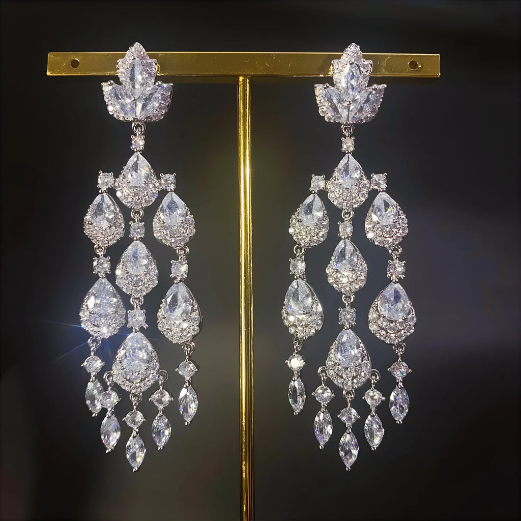 Water drop tassel long earrings with floral leaf shape and zircon stones on alloy