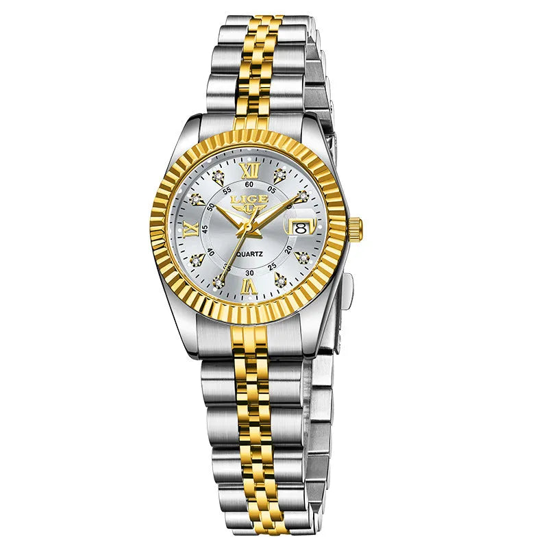Slim gold and silver waterproof quartz fashion watch for women on a wrist, showing 10mm thickness.