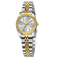 Slim gold and silver waterproof quartz fashion watch for women on a wrist, showing 10mm thickness.