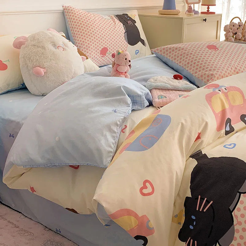 Cartoon dog pattern on a pure cotton duvet cover and pillowcase from a four-piece bedding set.