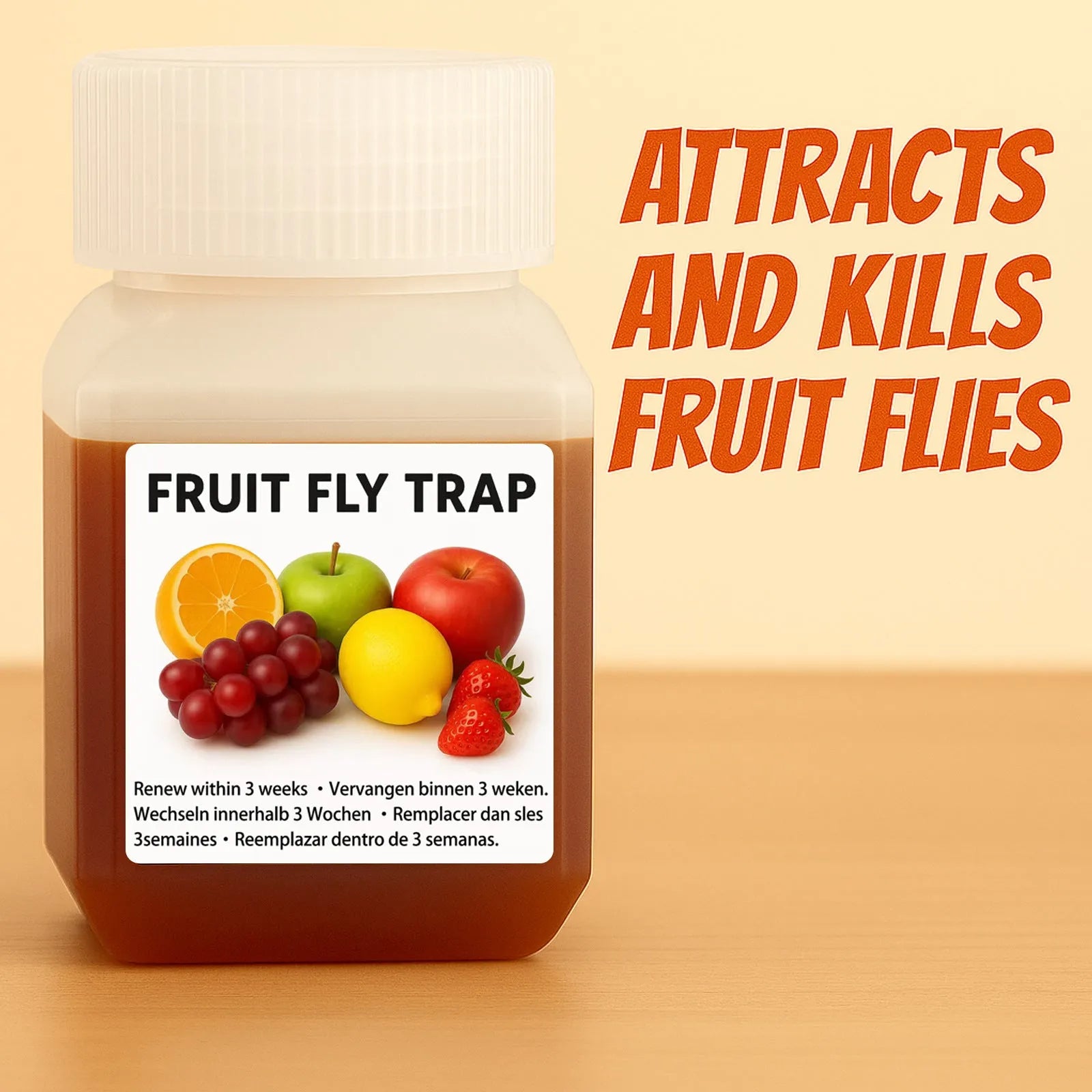 Bottle of SK003 fruit fly trapper bait liquid on a kitchen counter.