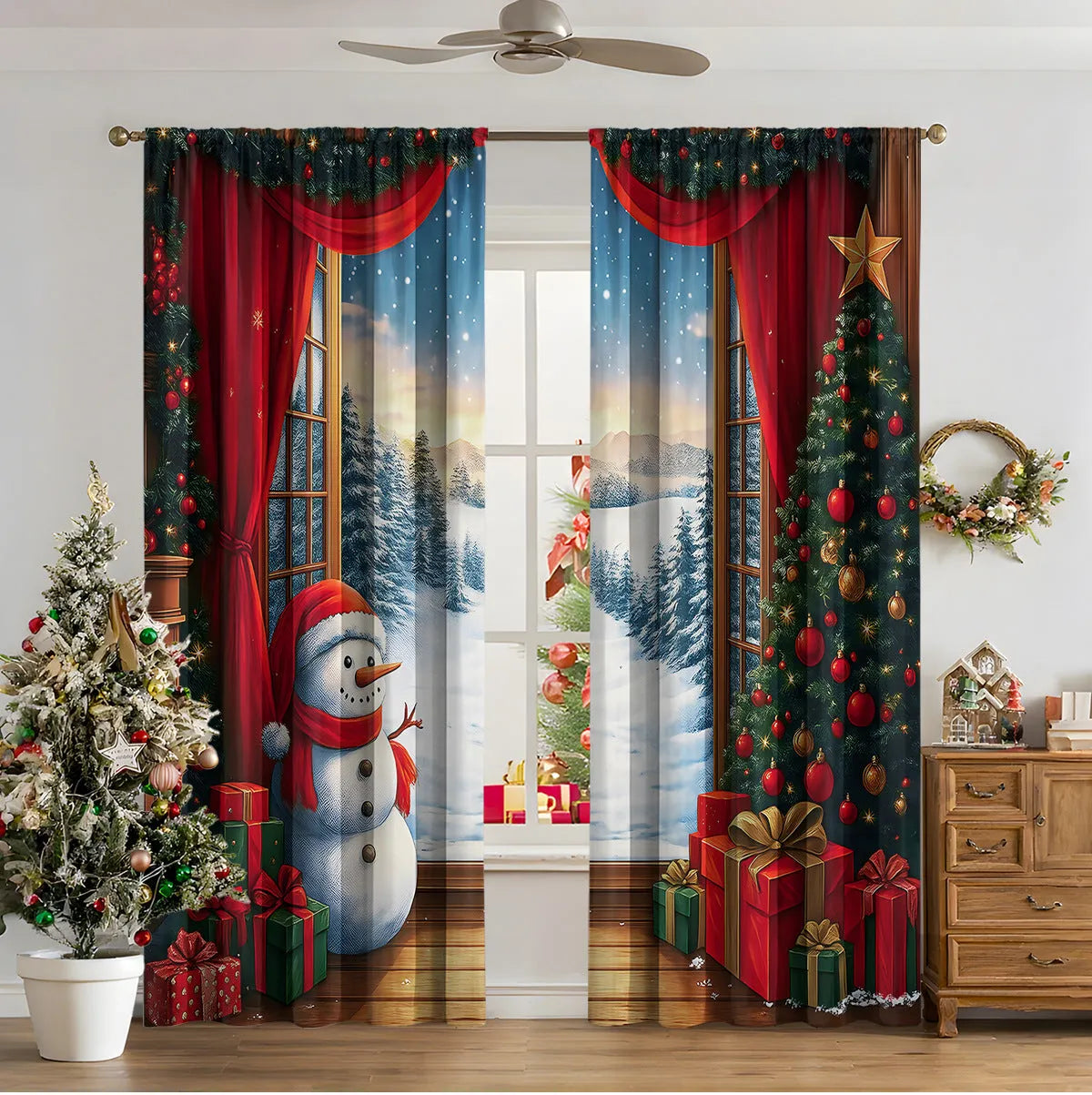 Pair of 3D digitally printed Christmas curtains in a modern design, made from polyester fabric.
