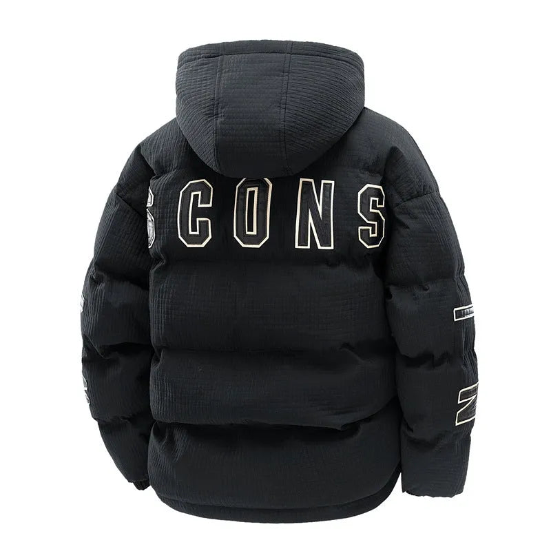 Men's black cotton-padded winter coat with hood and white letter print detailing, Korean streetwear style