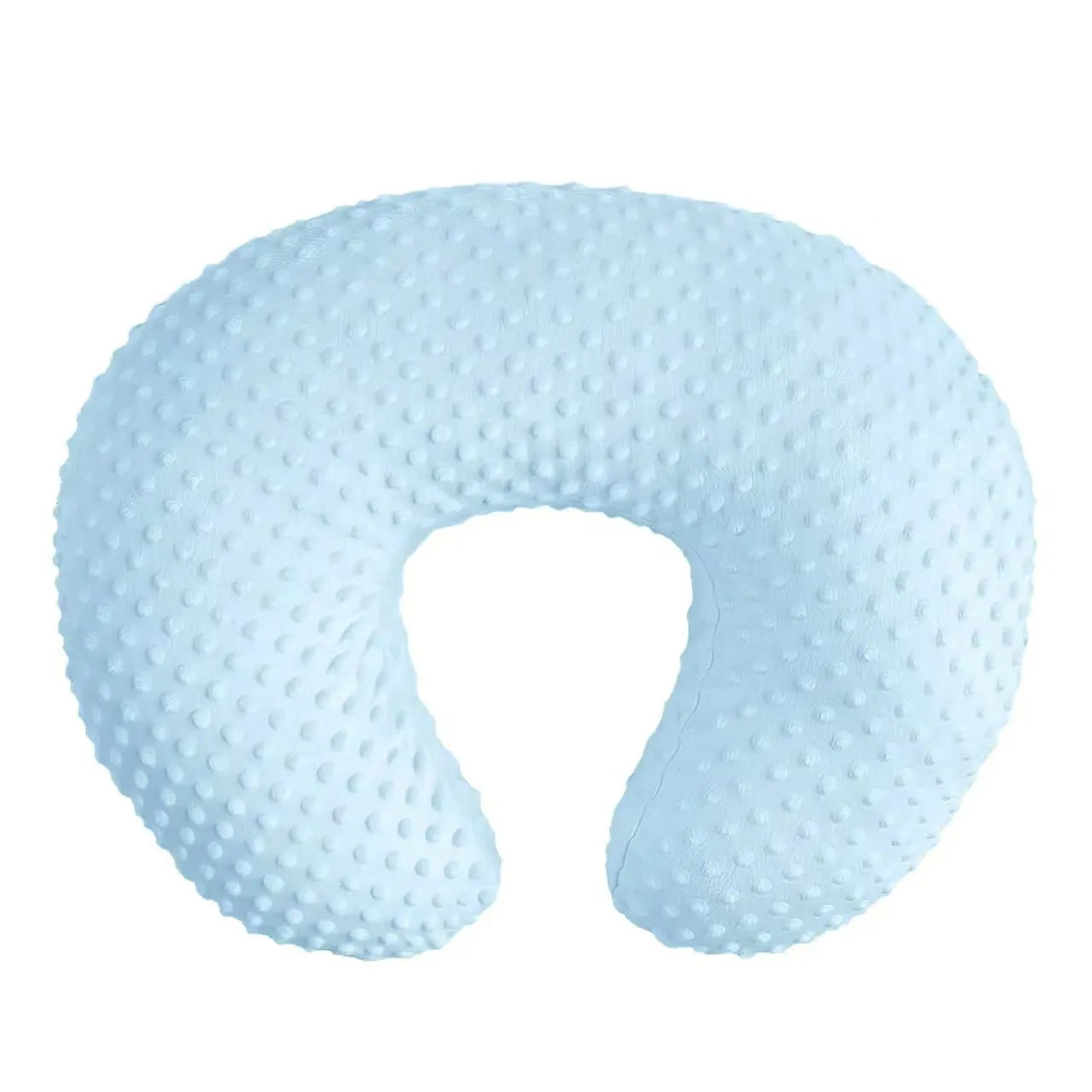 Nursing pillow with removable cover in light blue, featuring a built-in milk spilt preventer.