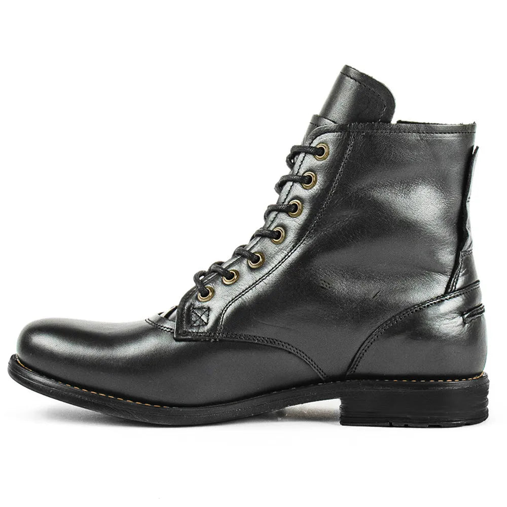 Men's black and brown two-tone leather ankle boots with a side zipper on a white background.