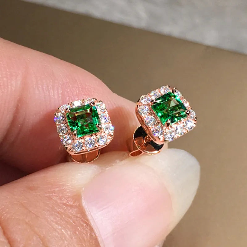 Square zircon earrings with grandmother green stones on copper base with electroplated finish