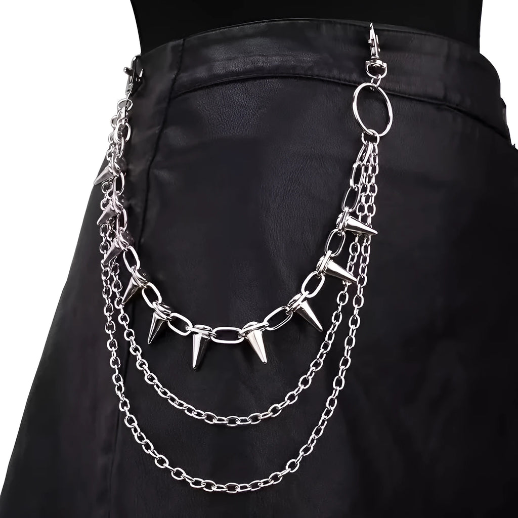 Silver metal waist chain with punk rivet decoration and zipper fastening, showing double layered construction