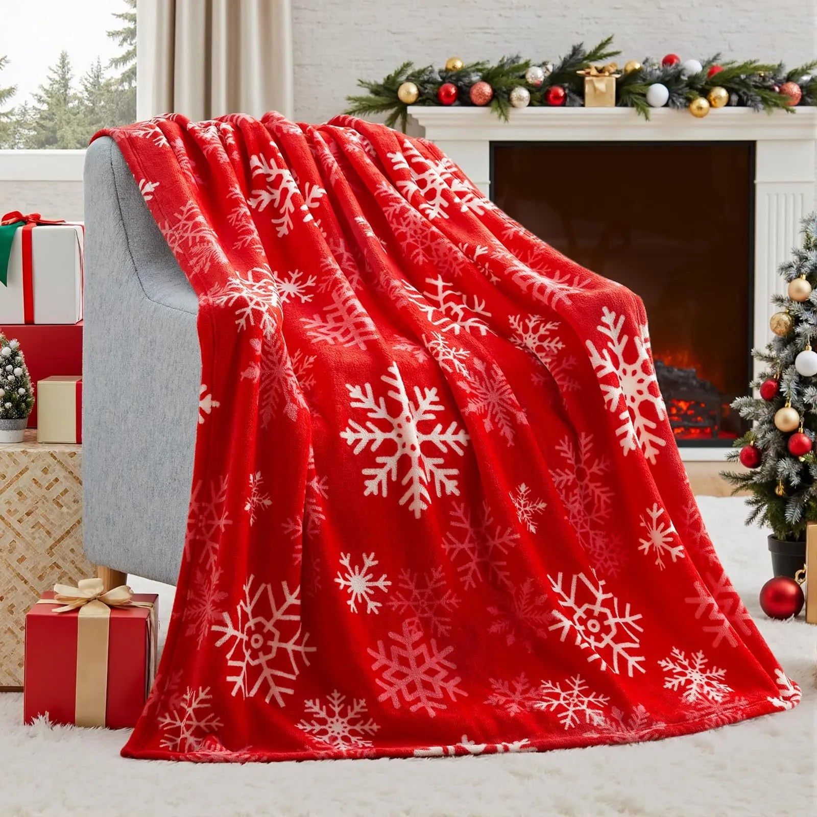 Soft plush red Christmas blanket draped over a grey sofa.