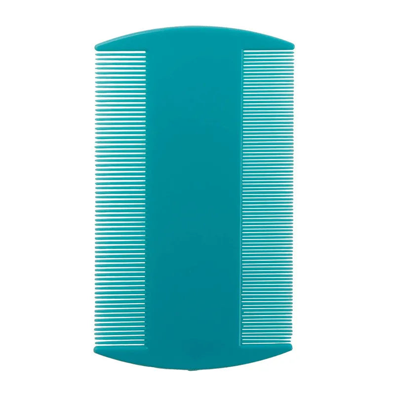 A white double-sided fine-toothed plastic comb for lice removal, shown on a blue background.