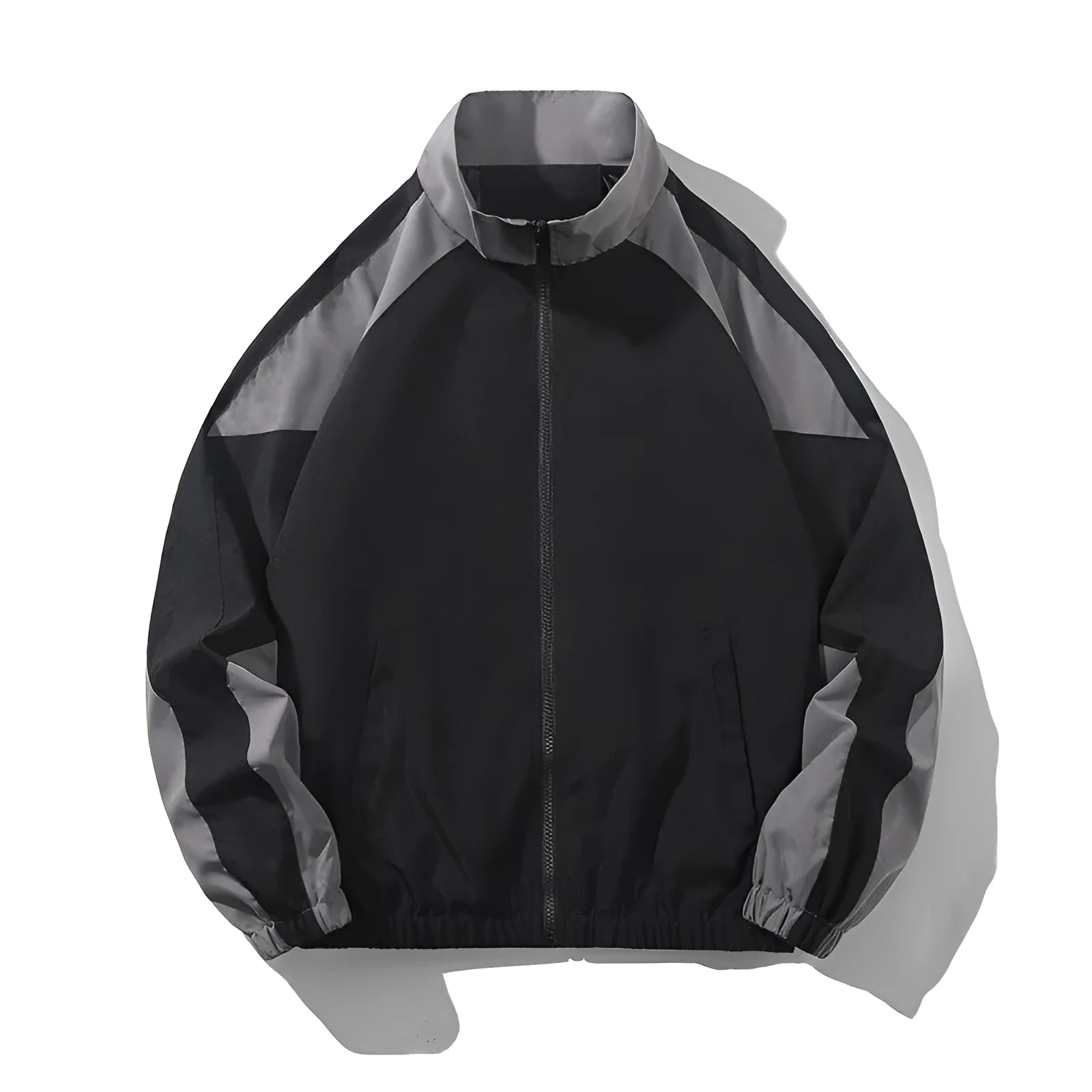 Men's black casual jacket with contrast stitching and side seam pockets, shown on a model.