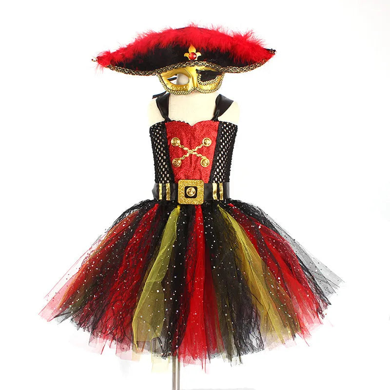 Girls sleeveless pirate costume dress with sequin and lace detailing for Halloween