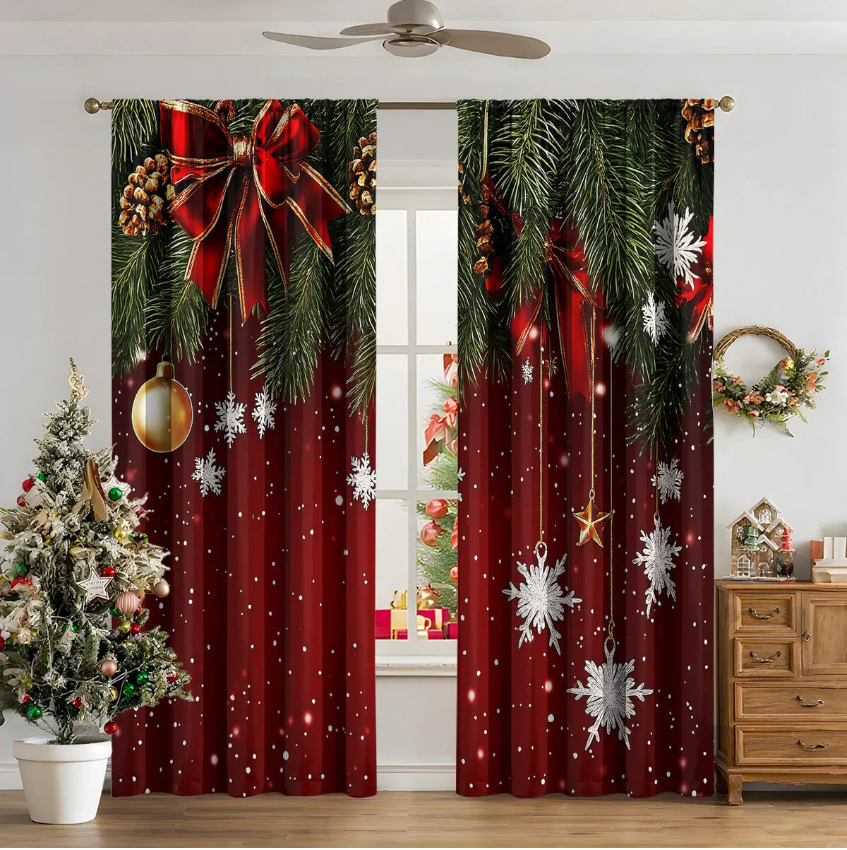 Pair of 3D digitally printed Christmas curtains in a modern design, made from polyester fabric.