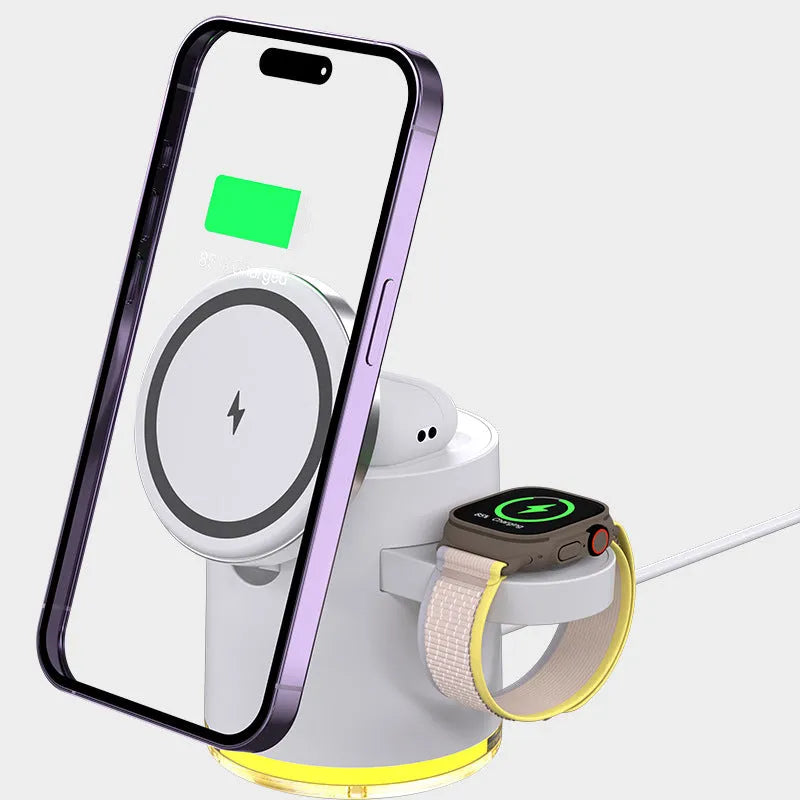 C16 portable magnetic three-in-one wireless folding charger in black or ivory white showing phone, watch and earbuds charging simultaneously
