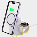 C16 portable magnetic three-in-one wireless folding charger in black or ivory white showing phone, watch and earbuds charging simultaneously